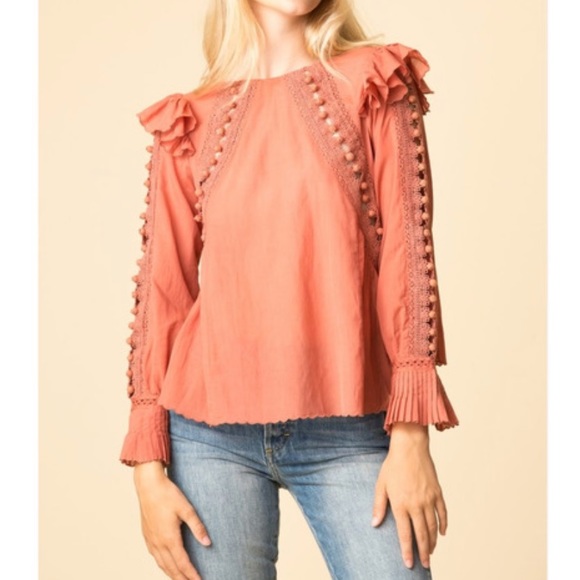 Sea New York Tops - SEA NY New York Esther Pom Pom Salmon Pink Long Sleeve Blouse